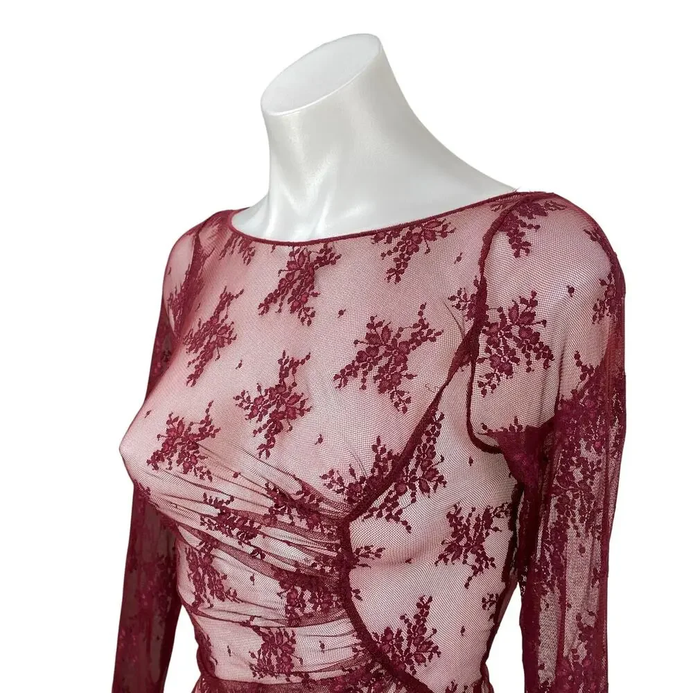 Free People Full Bloom Red Layering Mesh Sheer Lace Long Sleeve Blouse Top Sz XS